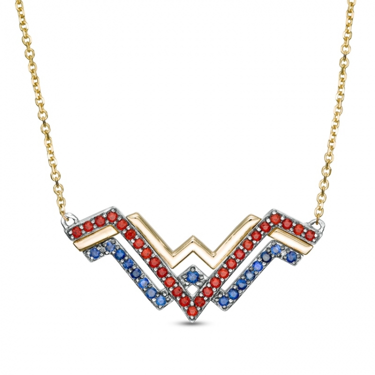 Garnet and Blue Sapphire Symbol Necklace in Sterling Silver and 10K Gold:Garnet and Blue Sapphire Symbol Necklace in Sterling Silver and 10K Gold